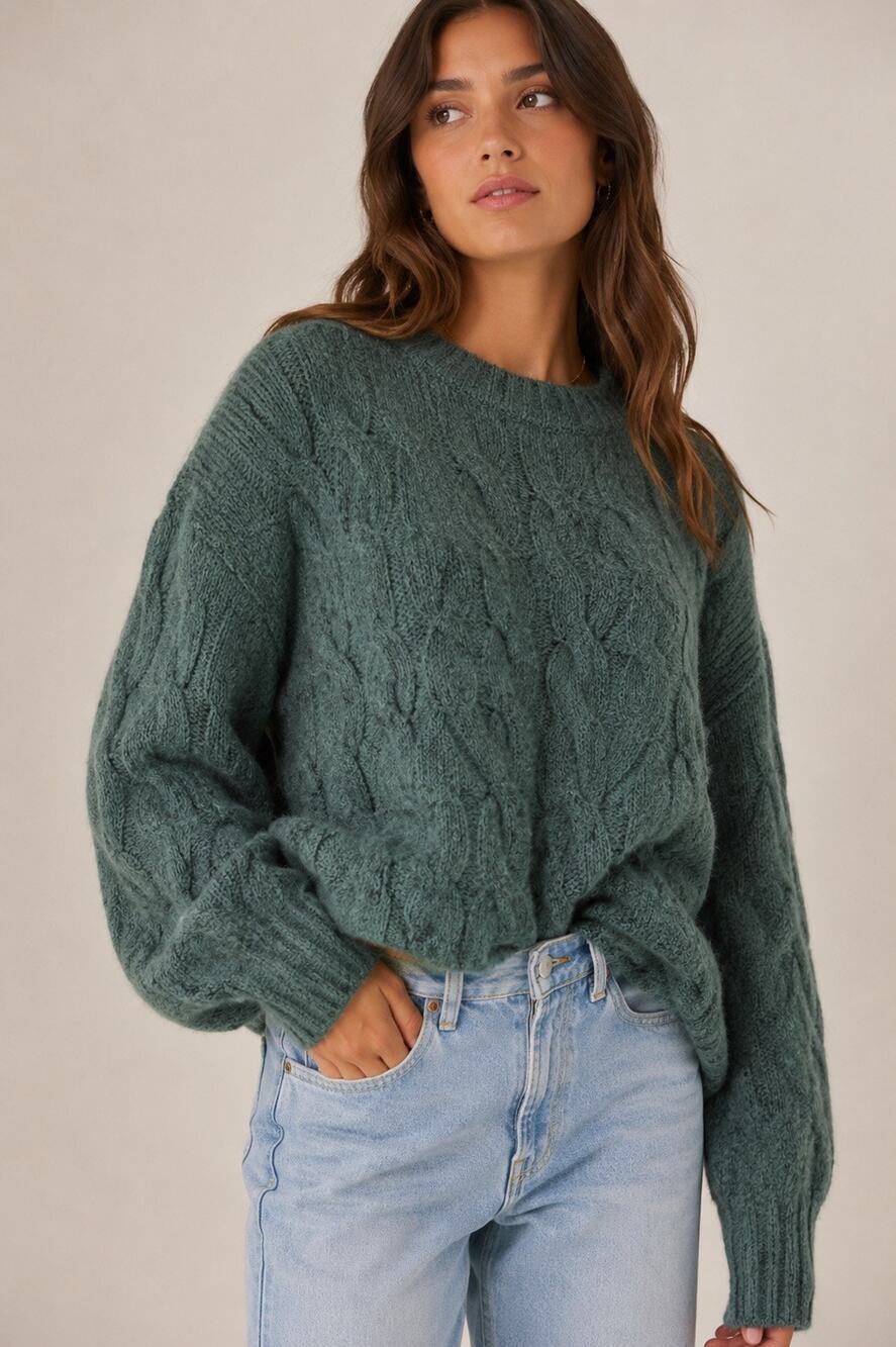 And Now this Revolve | Chunky Cable Knit XL Blue Sweater Wool Blend Winter